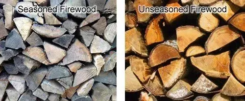 Comparison of seasoned and unseasoned firewood. Seasoned wood is gray, unseasoned wood is orange. Comparison of seasoned and unseasoned firewood. Seasoned wood is gray, unseasoned wood is orange.