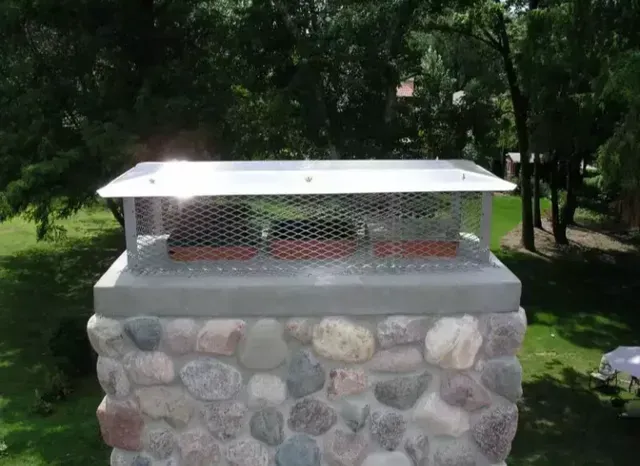 Chimney with stone base topped with a silver cap and mesh screen, outdoors.