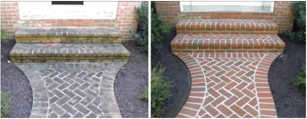 Before and after of brick steps and walkway being pressure washed.