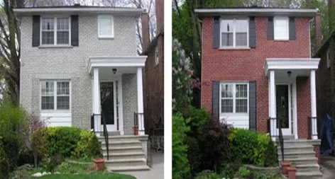 Two-story house with before and after brick painting; light gray versus red, black shutters, white trim, porch with steps.