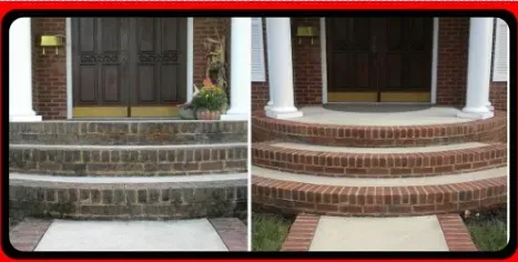 Before and after of brick steps and entryway. Left: Dirty. Right: Cleaned, repainted, and columns added.
