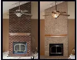 Comparison of a brick fireplace (left) and painted fireplace (right) with a ceiling fan.