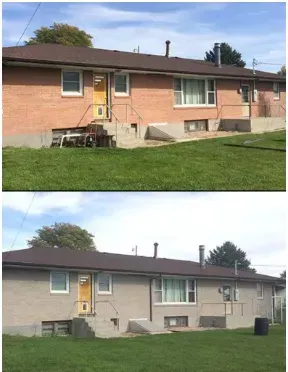 Before and after of a house. The top shows red brick, the bottom shows painted gray brick. A lawn is in front.