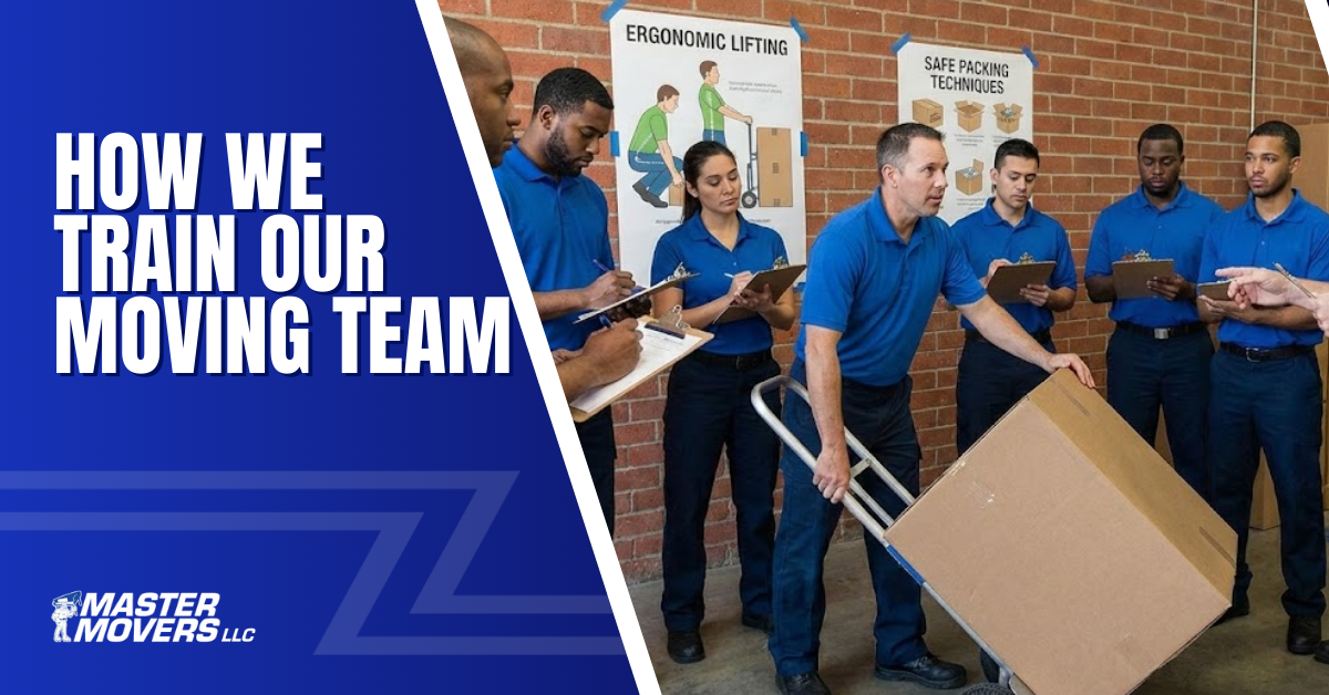 Moving team training with employees in blue shirts and a cardboard box.