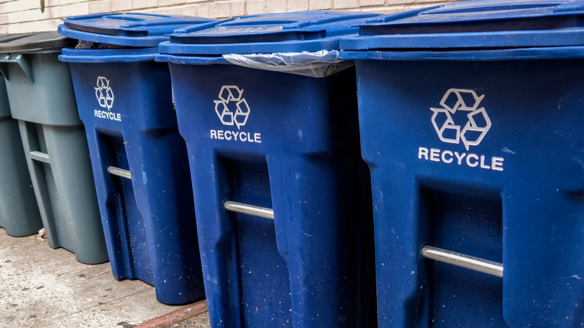 Une rangée de poubelles de recyclage bleues sont alignées les unes à côté des autres.