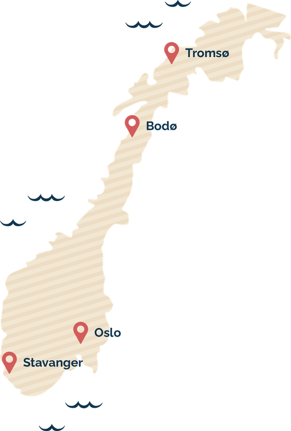 Kart over Norge, som viser byene Oslo, Bodø og Tromsø.
