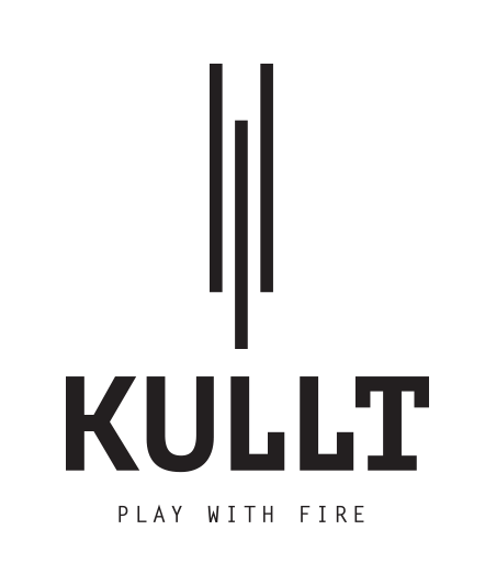 En svart og hvit logo for kullt lek med ild.