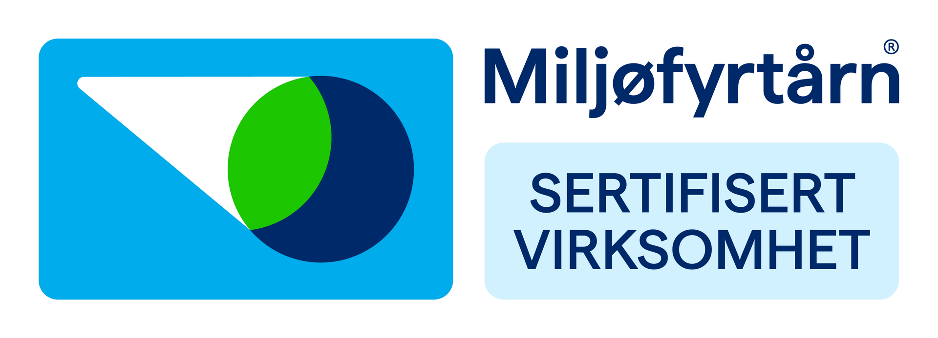 Miljøfyrtårn (Eco-Lighthouse) certification logo. Blue, green, and white colors. Text: