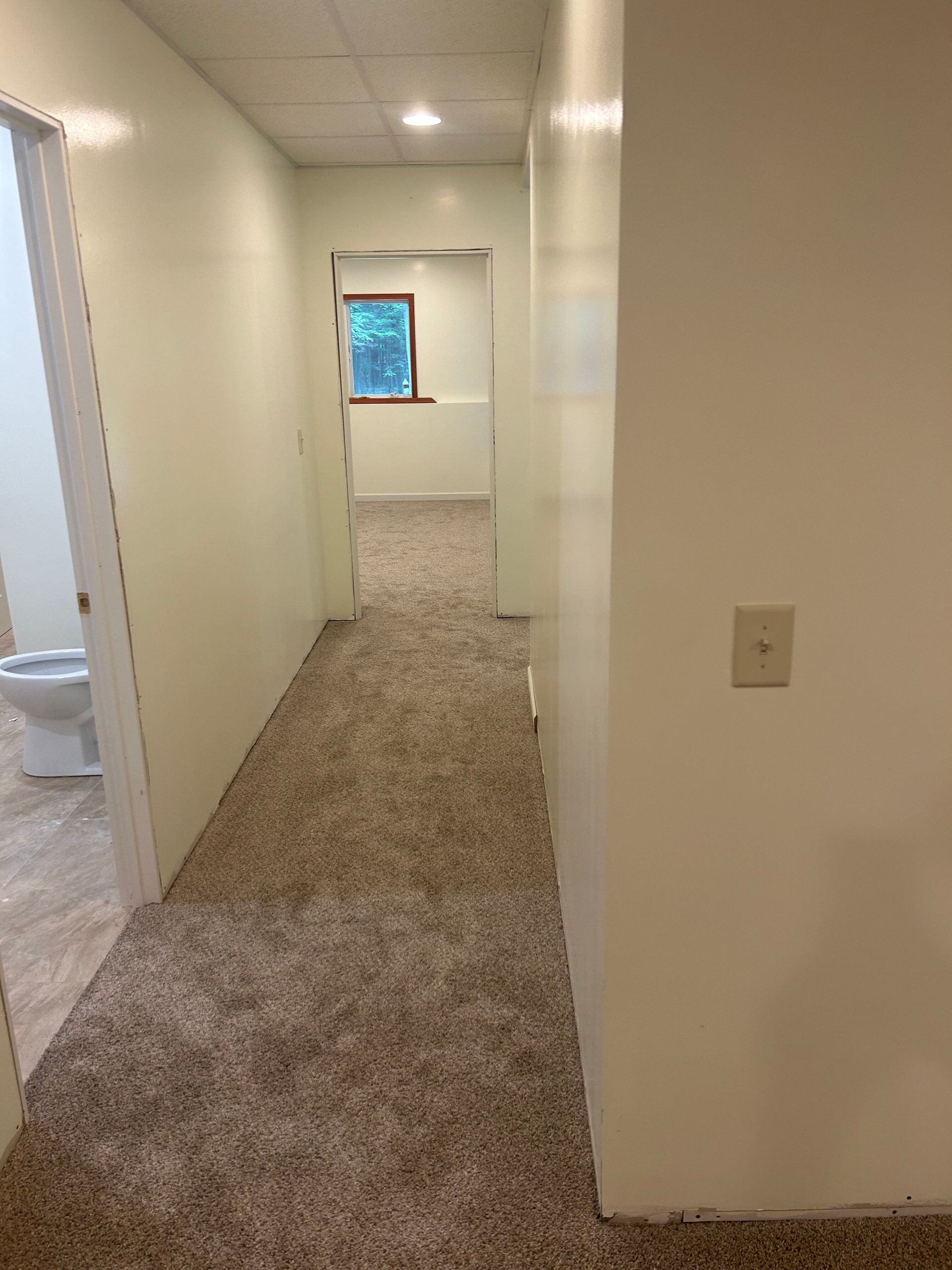 A long hallway with a toilet and a window in a house.