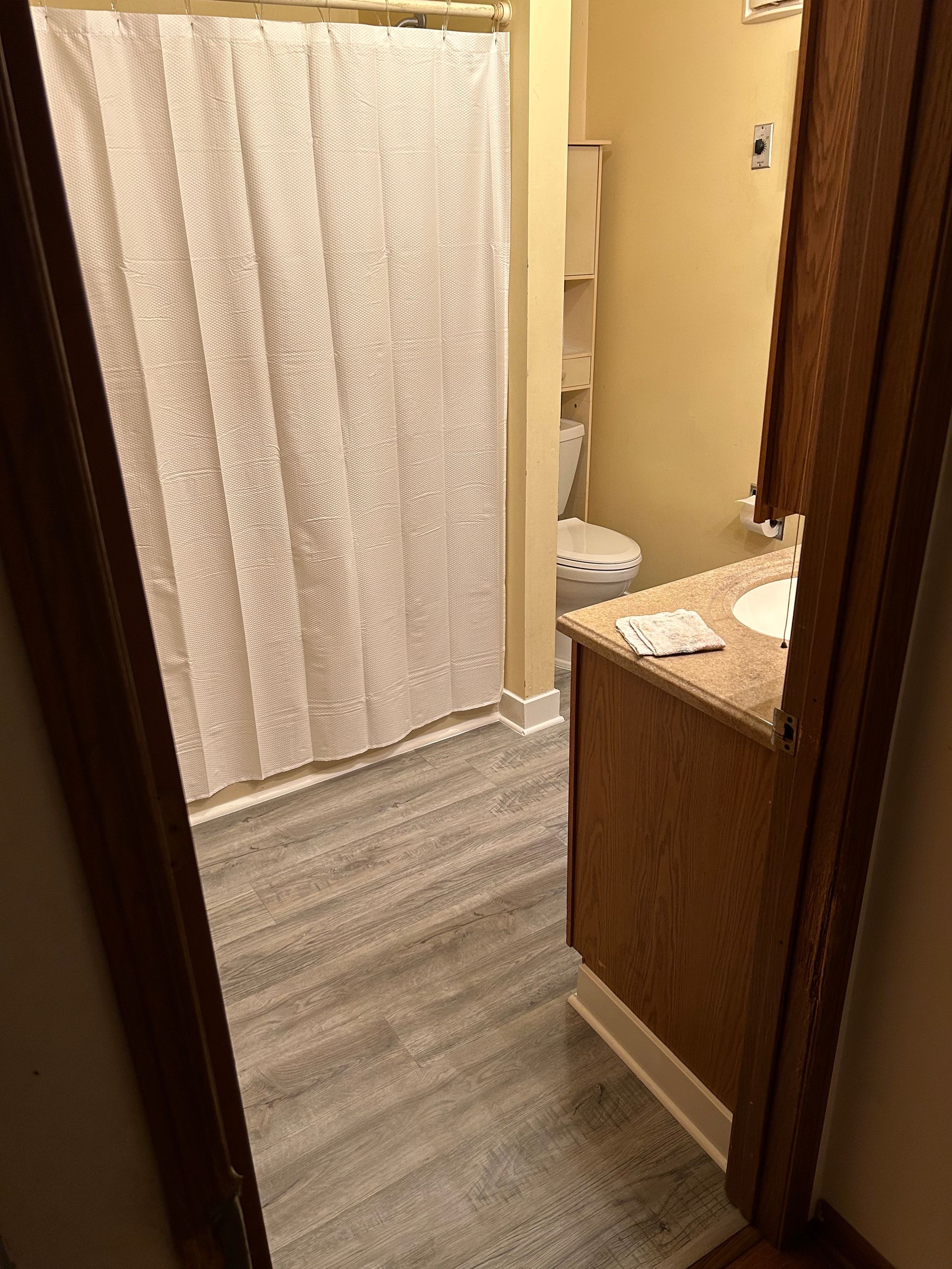 A bathroom with a toilet , sink and shower curtain.