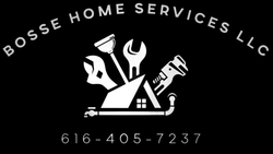 The logo for bosse home services llc is white on a black background.