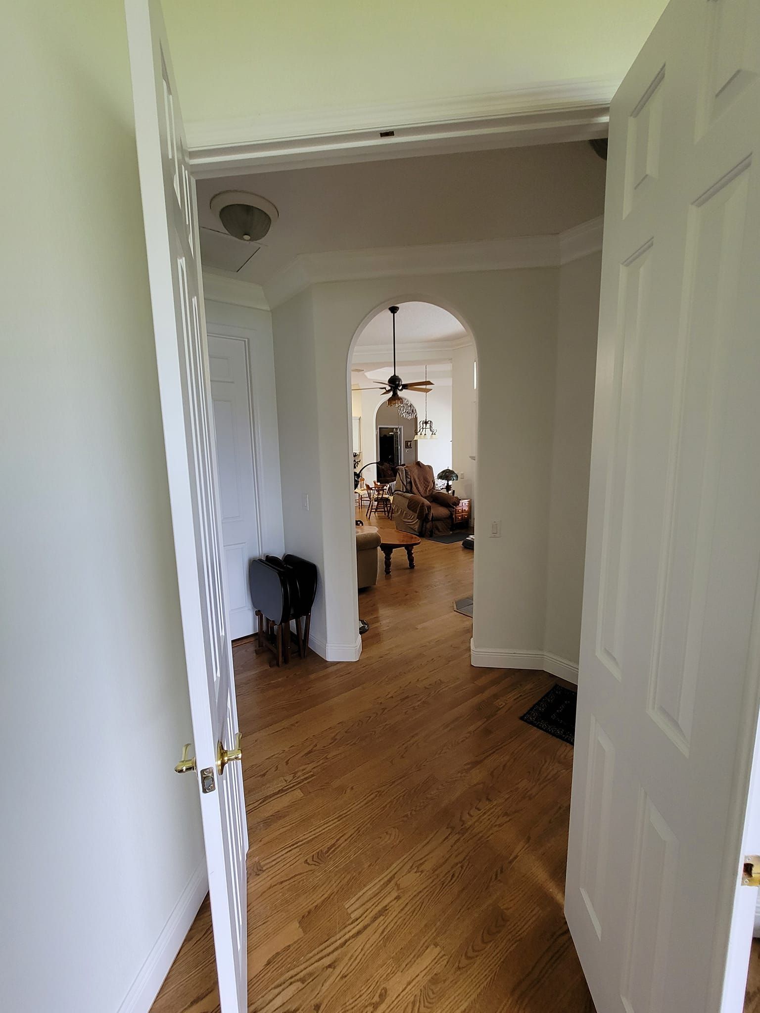 A hallway with hardwood floors and a white door leading to a living room.