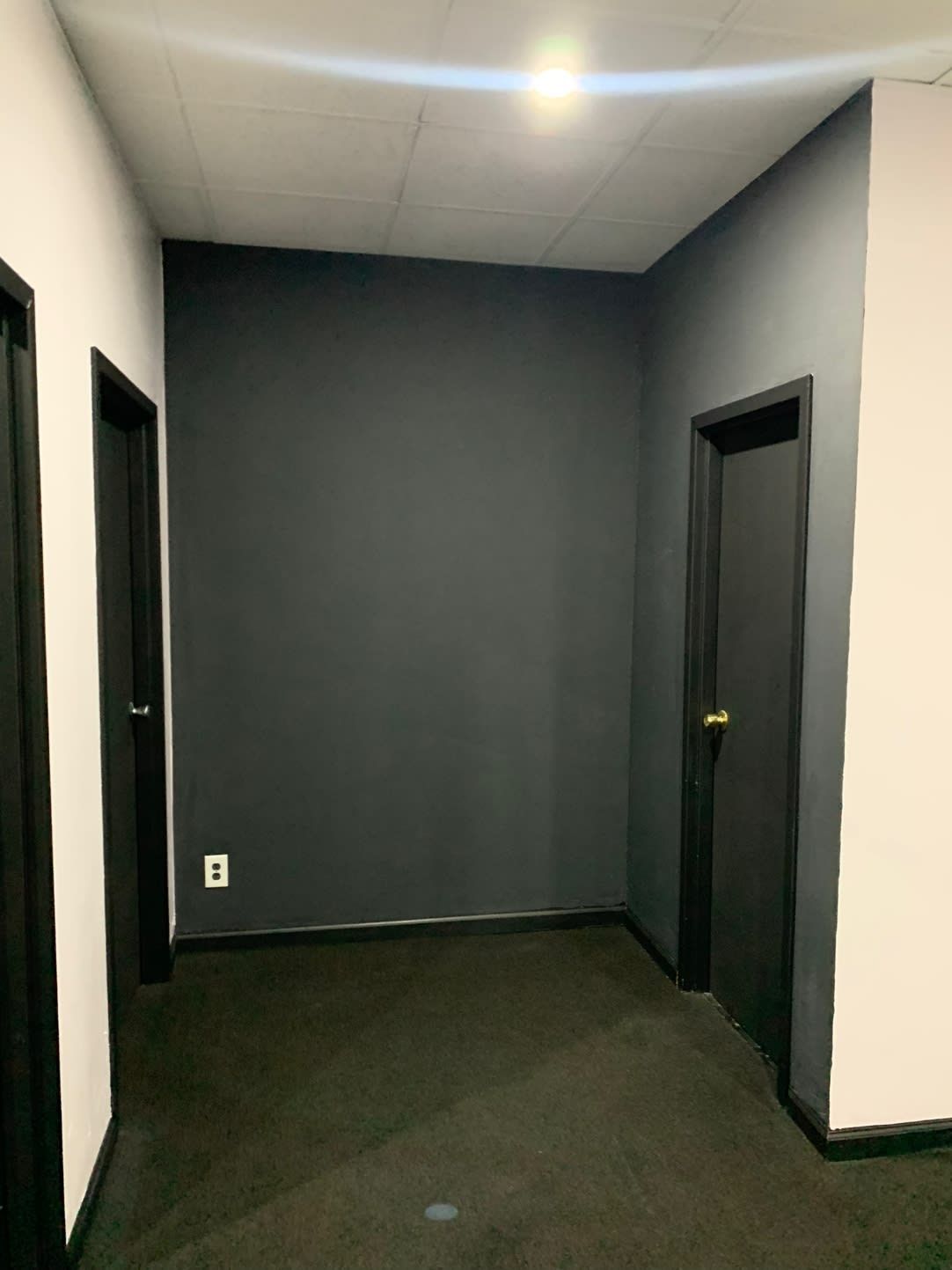 A hallway with a gray wall and black doors