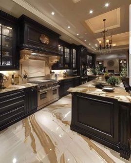 A kitchen with black cabinets and marble counter tops.