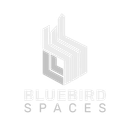 The logo for bluebird spaces is a gray and white logo.