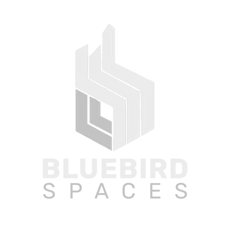 The logo for bluebird spaces is a gray and white logo.
