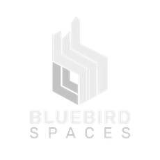 The logo for bluebird spaces is a gray and white logo.