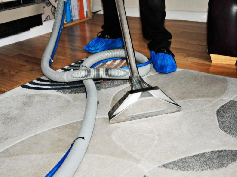 A person is using a vacuum cleaner to clean a rug