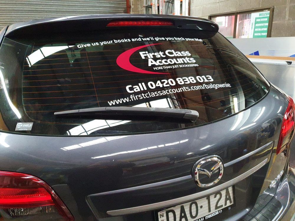 First Class Accounts Rear Window Vinyl — Signwriters in Coniston, NSW
