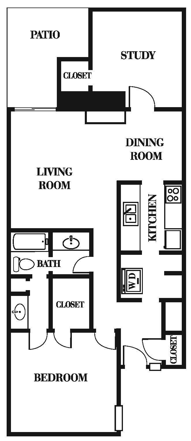 A black and white floor plan of a house with a living room , dining room , kitchen and bathroom.