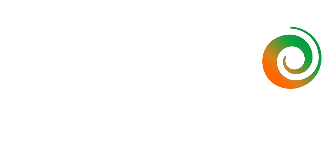 A swirling orange and green logo.