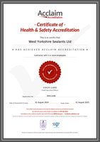 Certificate of Health & Safety Accreditation for West Yorkshire Sealants Ltd, with a red seal and checkmark.