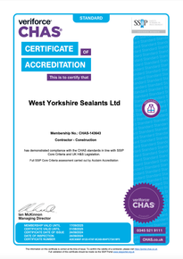 CHAS Certificate of Accreditation for West Yorkshire Sealants Ltd, blue and purple.