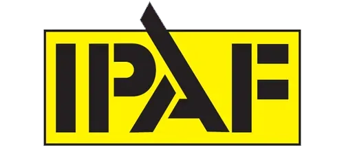Black IPAF logo on a yellow rectangle, with a diagonal black line through the letters.