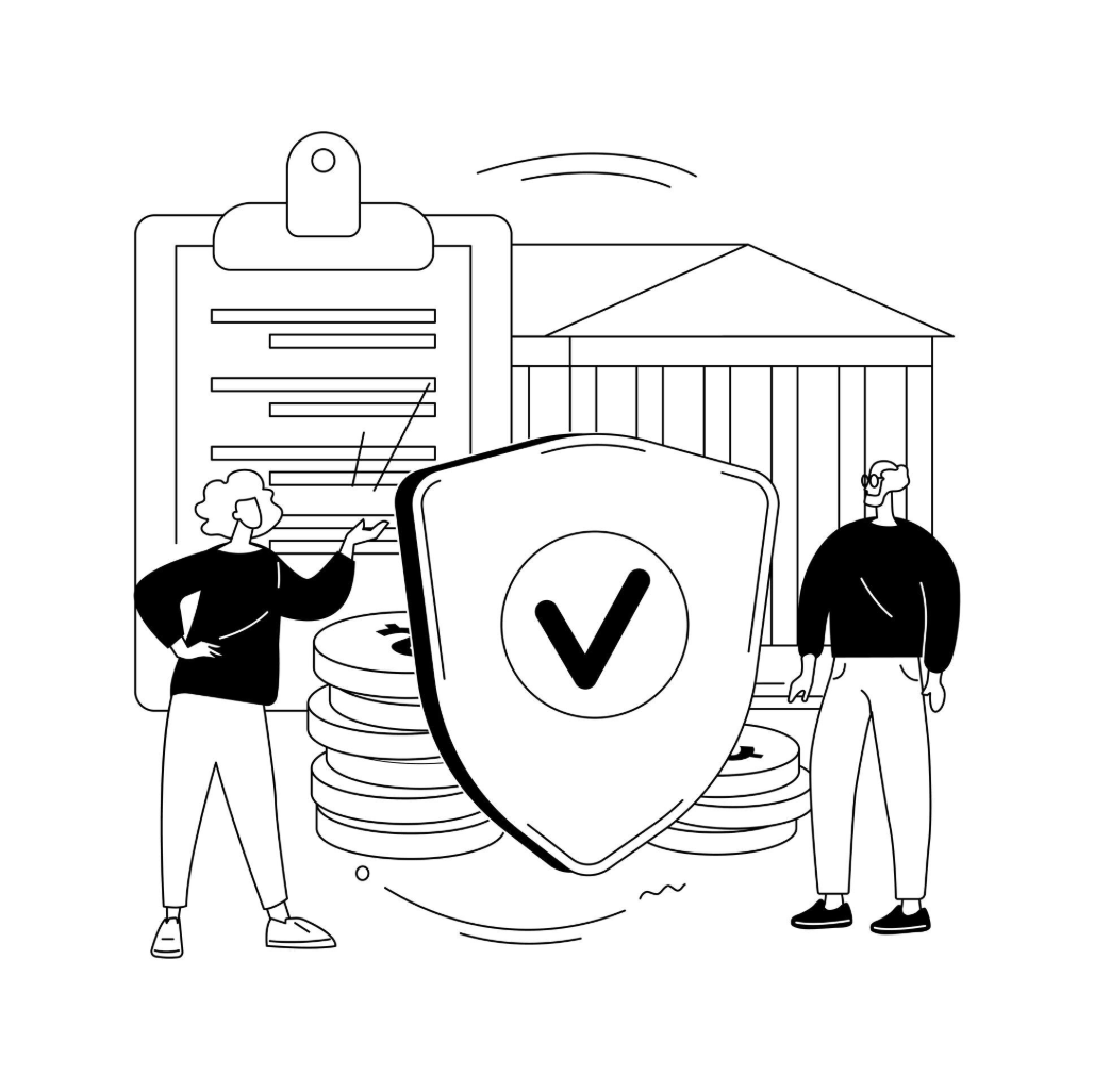 A person points to a document near a bank building and a shield with a checkmark, representing financial security.