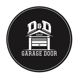 A black circular logo featuring the white text "D & D" above an icon of a garage, with "GARAGE DOOR" printed below it.