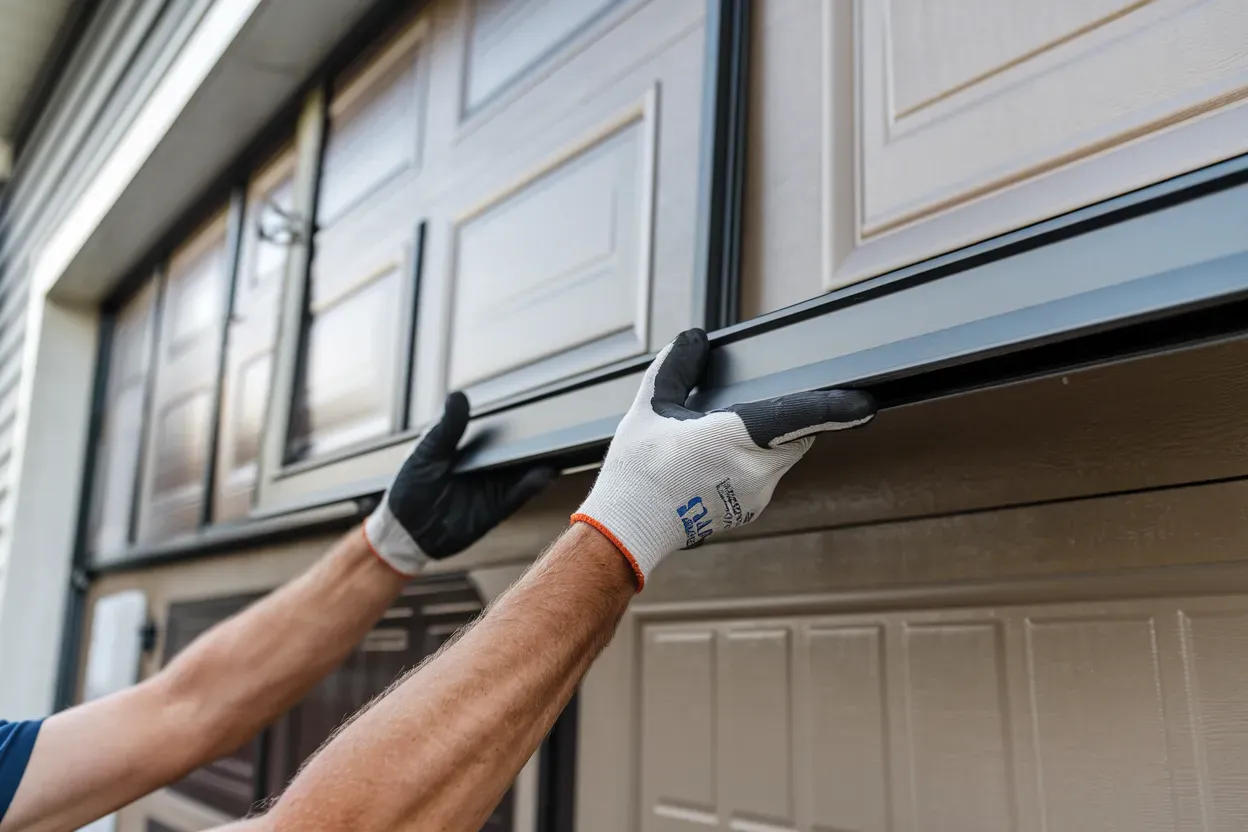 A man wearing gloves is installing a garage door.
