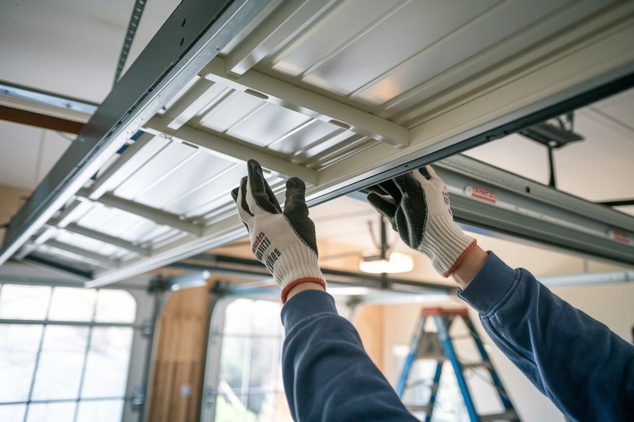 A person is installing a garage door in a garage.