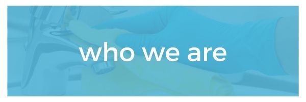 Blue banner with white text reading “who we are”