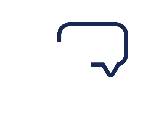 Dark blue chat bubble outline icon with a pointed tail