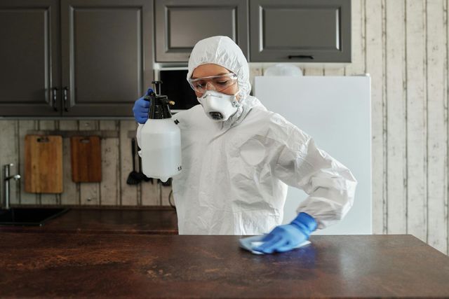 Person in protective suit disinfecting a kitchen counter with spray bottle and cloth.
