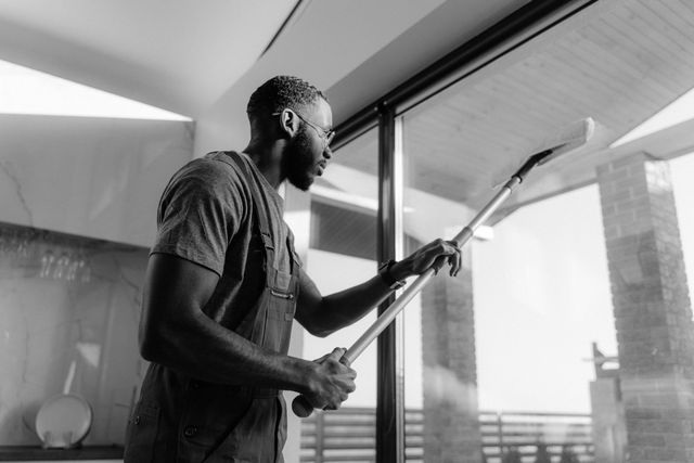 Man using squeegee to clean a large window in a modern building.