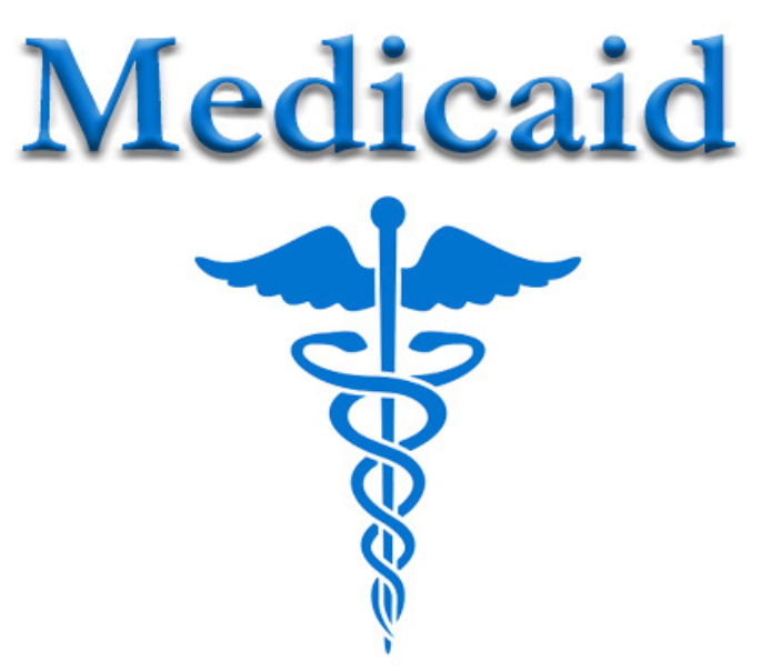a blue caduceus with the word medicaid below it