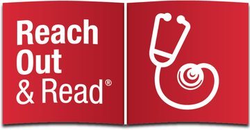 a red logo that says reach out and read