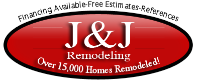 J & J Remodeling Logo for J&J Remodeling: Red oval with white text, highlighting financing, estimates, and 15,000 homes remodeled.