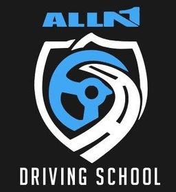 A logo for a driving school with a shield and a steering wheel.