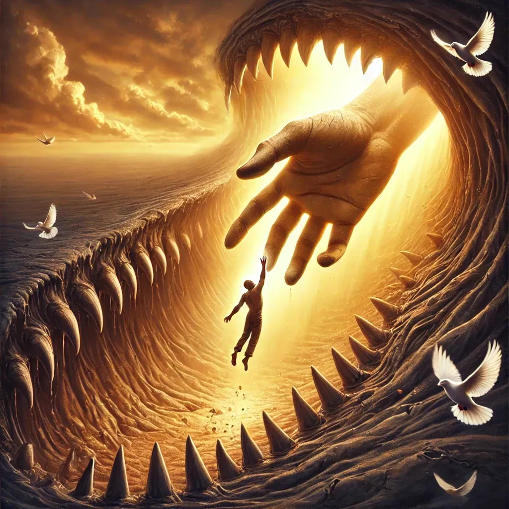 Una persona siendo salvada por una mano gigante de las fauces de una bestia, con palomas y luz dorada.