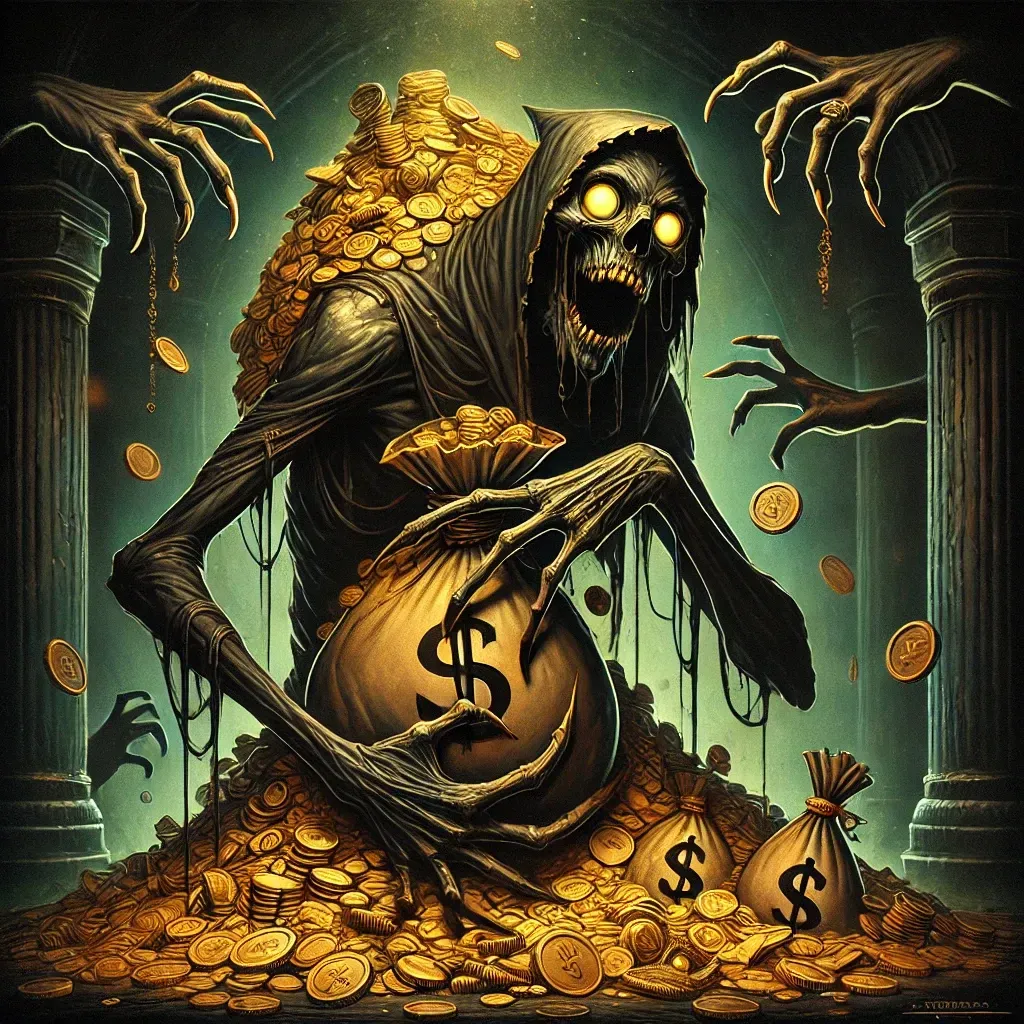 Una figura esquelética con una capa con capucha, cubierta de monedas de oro, agarrando bolsas de dinero con ojos brillantes .