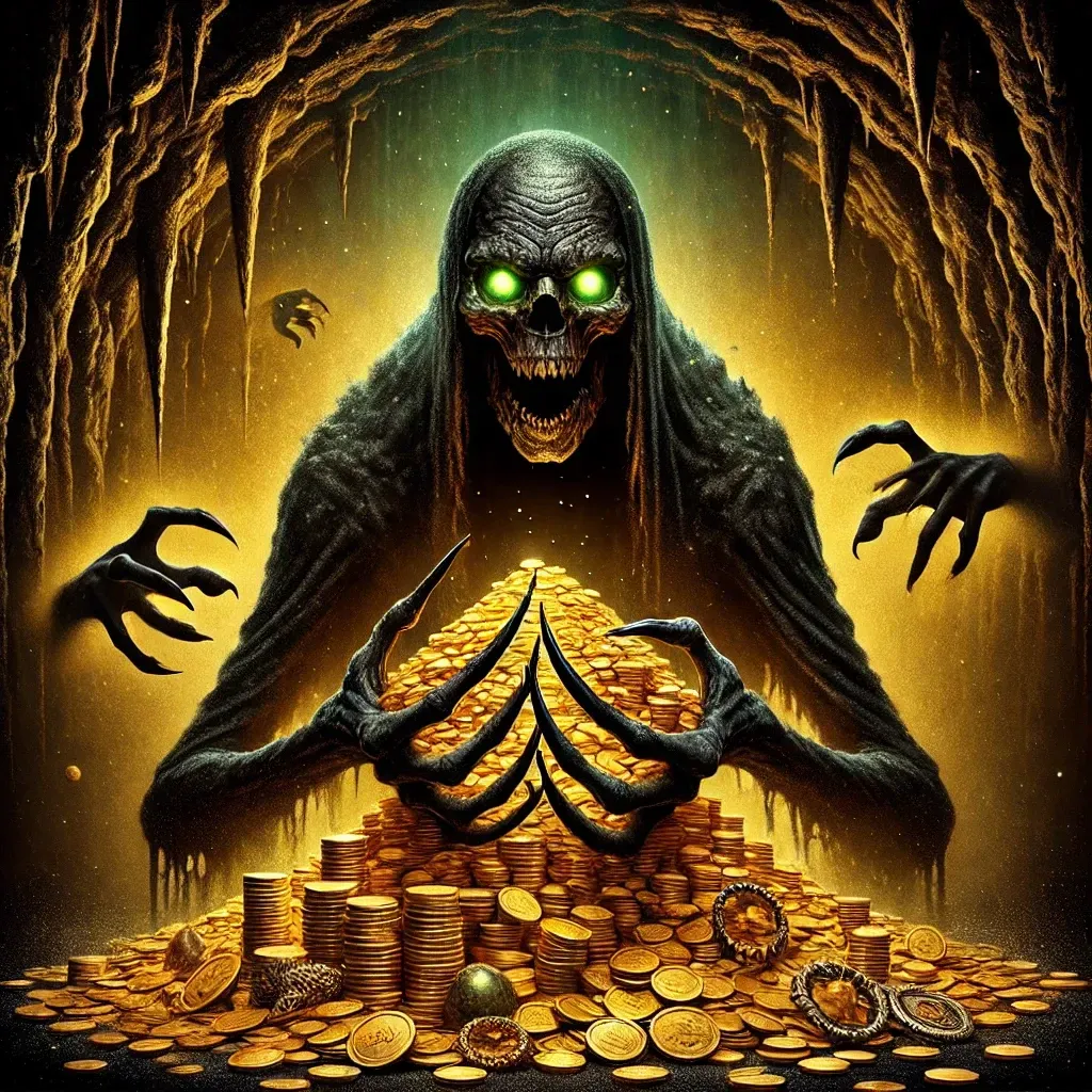 Una figura esquelética con brillantes ojos verdes se cierne sobre una pila de monedas de oro en una cueva oscura.