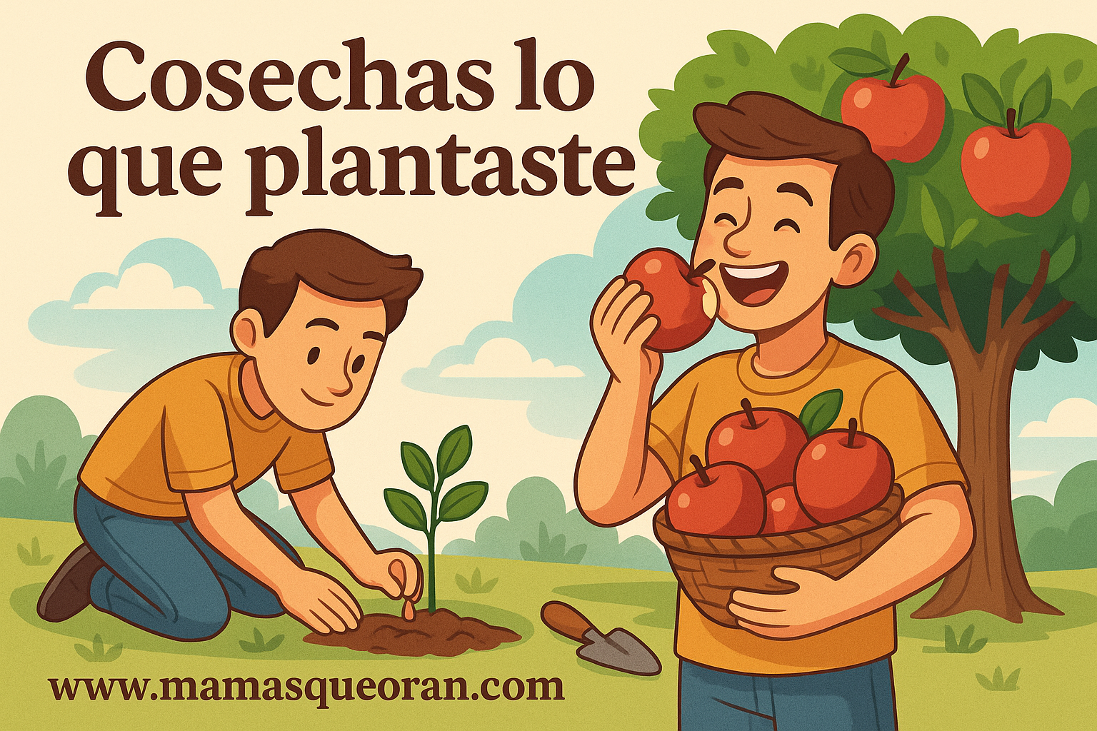 Dos hombres plantando y cosechando manzanas. Un hombre plantando un árbol en la hierba. 