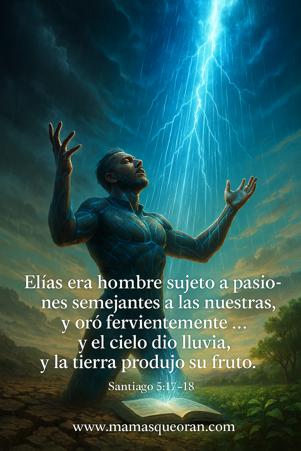 Hombre con los brazos levantados ante el rayo, texto de Santiago 5:17-18, cielo tormentoso.