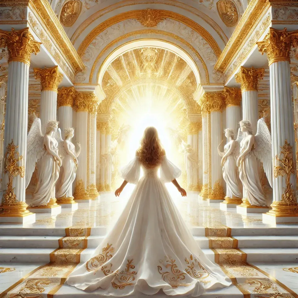 Una mujer con un vestido blanco se encuentra frente a una luz brillante en un palacio dorado adornado; ángeles la flanquean.