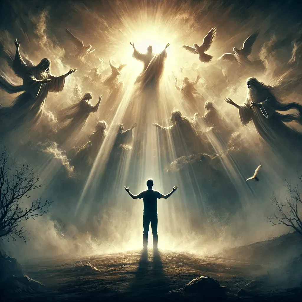 Un hombre con los brazos en alto, bañado por la luz de arriba, rodeado de ángeles y palomas.