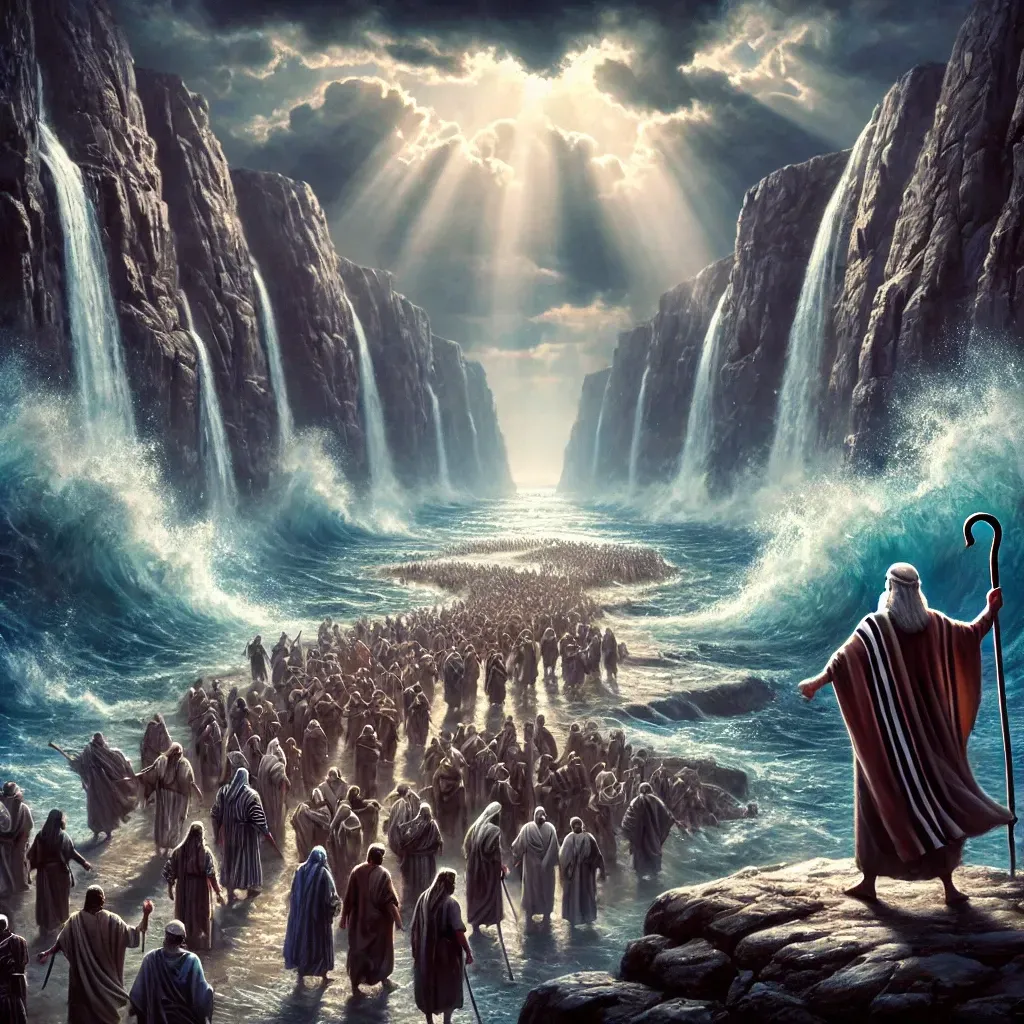 Moisés guía a los israelitas a través del Mar Rojo, que se abre bajo una luz brillante.
