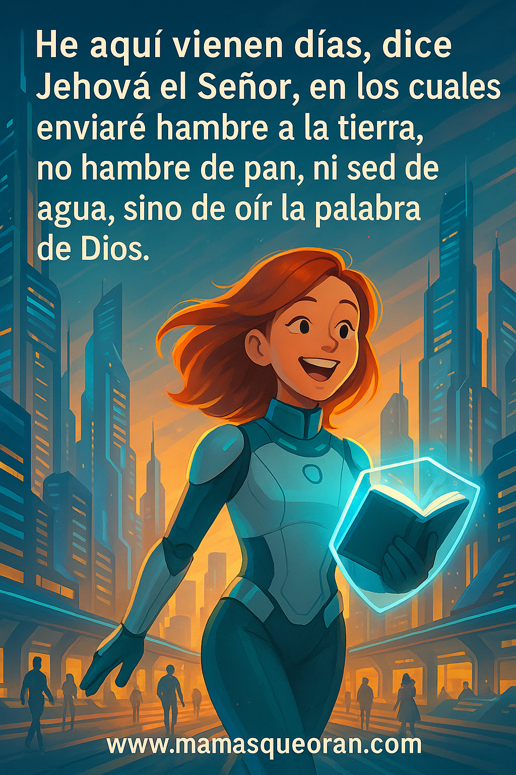 Mujer con traje futurista, sonriendo, sosteniendo un libro brillante. Edificios altos al fondo.