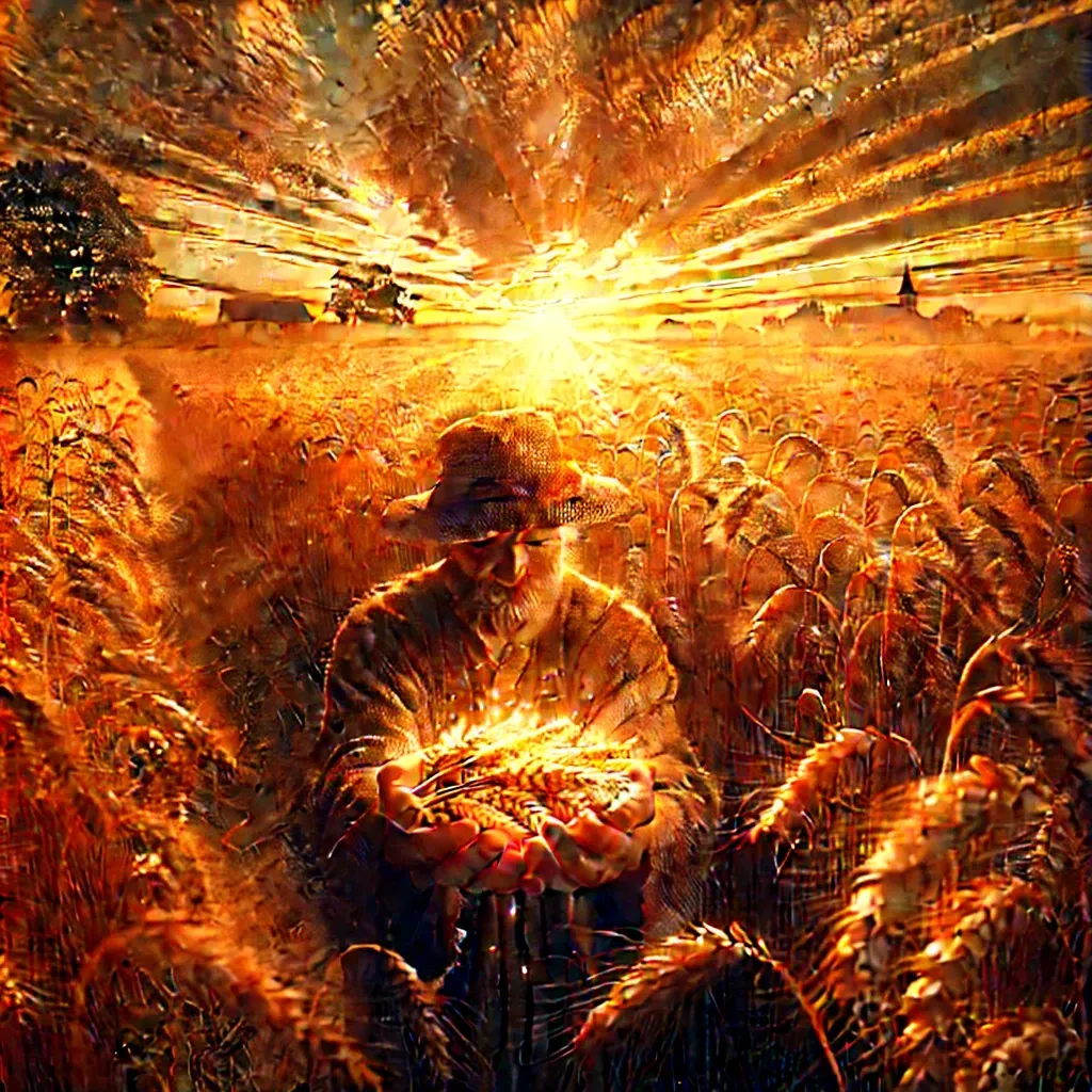 Granjero sosteniendo trigo dorado en un campo iluminado por el sol al atardecer.